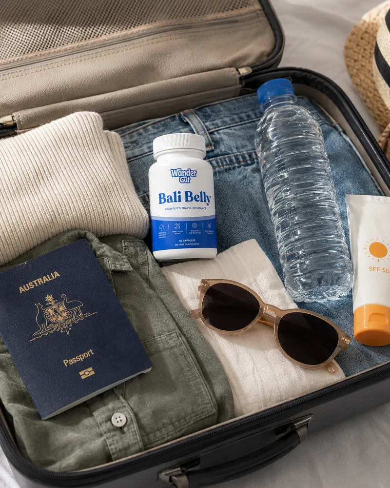 Wander Gut Bali Belly bottle packed in an airport carry-on ready for a Bali flight