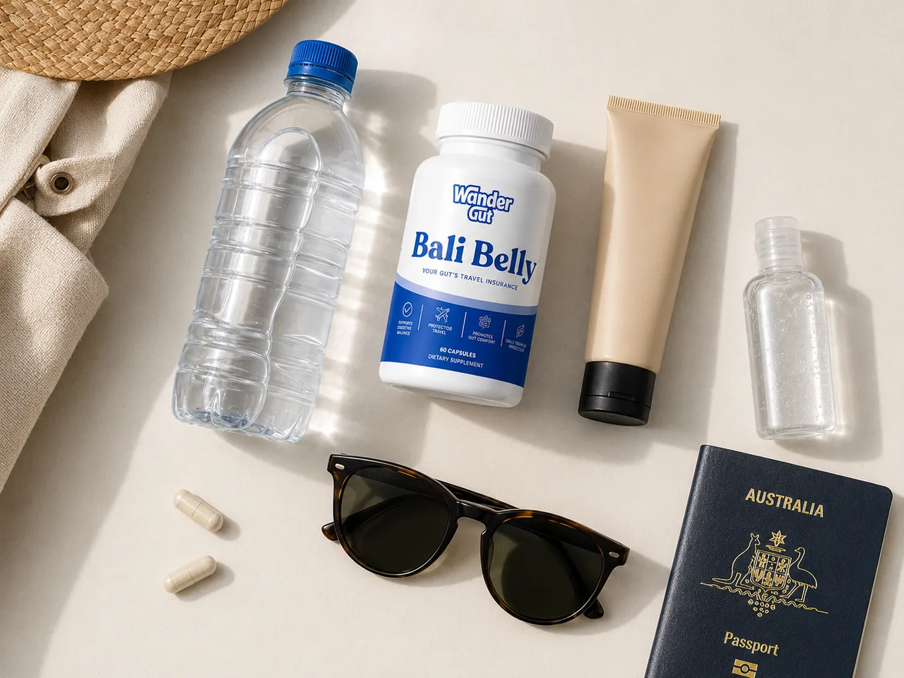 Wander Gut bottle in a travel flat lay with sealed water, passport and sunglasses